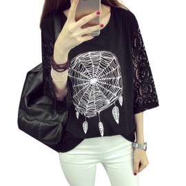 CASUAL SHORT SLEEVE LACE PATCHWORK HOLLOW OUT SPIDER WEB PRINT LOOSE T-SHIRT (BLACK, SIZE 