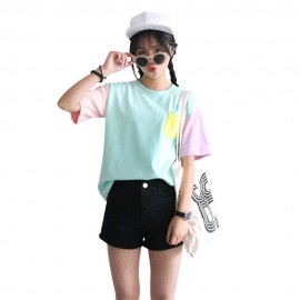 SWEET ROUND COLLAR SHORT SLEEVE CANDY COLOR BLOCK FRONT POCKET LOOSE-FITTING T-SHIRT (LIGH