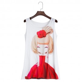 CASUAL ROUND COLLAR SLEEVELESS PRINT LOOSE TANK TOP (RED, SIZE S/M/L)
