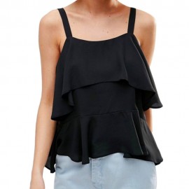 WOMEN'S CASUAL SPAGHETTI STRAP RUFFLE TANK TOP (BLACK, SIZE S/M/L)