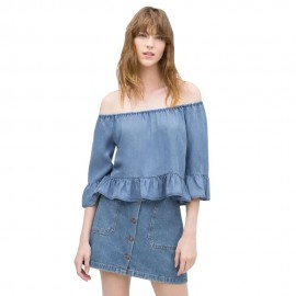 OFF THE SHOULDER SHORT SLEEVE FLOUNCED BLOUSE  (DENIM BLUE, SIZE S/M/L)