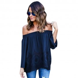 CASUAL OFF THE SHOULDER HOLLOW OUT LOOSE T-SHIRT (PURPLISH BLUE, SIZE S/M/L/XL)
