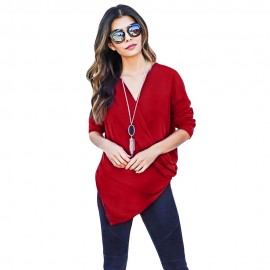 DEEP V COLLAR CROSS LONG SLEEVE BLEND PULLOVER T-SHIRT (DEEP RED, SIZE S/M/L/XL)