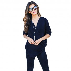 DEEP V COLLAR CROSS LONG SLEEVE BLEND PULLOVER T-SHIRT (DEEP BLUE, SIZE S/M/L/XL)