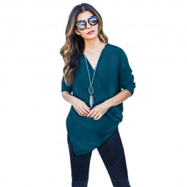 DEEP V COLLAR CROSS LONG SLEEVE COTTON BLEND PULLOVER T-SHIRT (BLACKISH GREEN, SIZE S/M/L/