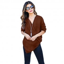 DEEP V COLLAR CROSS LONG SLEEVE COTTON BLEND PULLOVER T-SHIRT (COFFEE, SIZE S/M/L/XL)