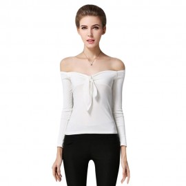 WOMEN'S OFF THE SHOULDER CHEST KNOT SLIM T-SHIRT (WHITE, SIZE M/L)