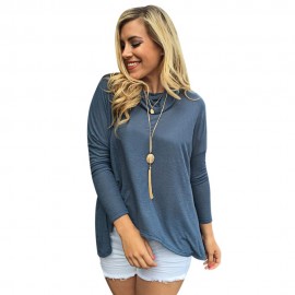 CASUAL COWL NECK BACK SLIT KNIT T-SHIRT (BLUE GRAY, SIZE S/M/L/XL)