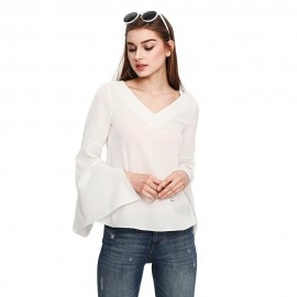 V-NECK FLARE SLEEVE SLIM CHIFFON T-SHIRT (WHITE, SIZE S/M/L/XL)