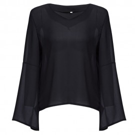 V-NECK FLARE SLEEVE SLIM CHIFFON T-SHIRT (BLACK, SIZE S/M/L/XL)