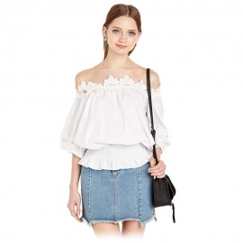 OFF THE SHOULDER LANTERN SLEEVE LACEWORK RUFFLE SHIRT (WHITE, SIZE S/M/L/XL)