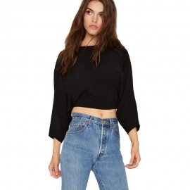 WOMEN'S BAT SLEEVE LOOSE SLIT BACK KNOTTED BLOUSE (BLACK, SIZE S/M/L)