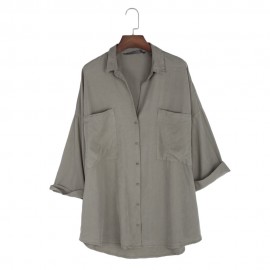 TURN-DOWN COLLAR LOOSE BIG POCKET TENCEL BLOUSE (ARMY GREEN, SIZE XS/S/M/L)