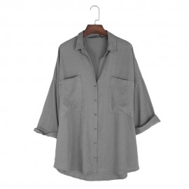 TURN-DOWN COLLAR LOOSE BIG POCKET TENCEL BLOUSE (GRAY, SIZE XS/S/M/L) 