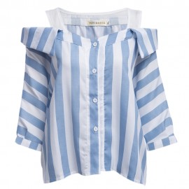 CHIC HALF SLEEVE BUTTON DESIGN STRIPED LOOSE FALSE TWO PIECES WOMEN BLOUSE (STRIPE, SIZE X