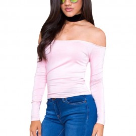 OFF THE SHOULDER LONG SLEEVE PURE COLOR SHEATHY BOTTOM TOPS (SHALLOW PINK, SIZE M/L/XL)