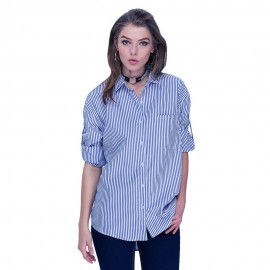 TURN-DOWN COLLAR LONG SLEEVE POCKET DESIGN PRINT STRIPE BLOUSE (STRIPE, SIZE XL/2XL/3XL/4X