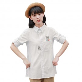 TURN-DOWN COLLAR LONG SLEEVE EMBROIDERY BLOUSE (WHITE, SIZE S/M/L/XL)