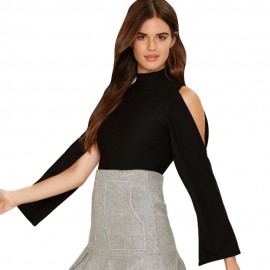 WOMEN'S ASYMMETRICAL LONG SLEEVE BLOUSE (BLACK, SIZE S/M/L/XL)