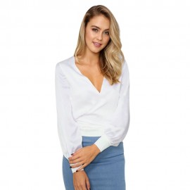 OL STYLE V-NECK LANTERN SLEEVE BOW BUST CROSS DESIGN PURE COLOR BLOUSE (WHITE, SIZE S/M/L/