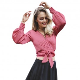 OL STYLE V-NECK LANTERN SLEEVE BOW BUST CROSS DESIGN PURE COLOR BLOUSE (PINK, SIZE S/M/L/X