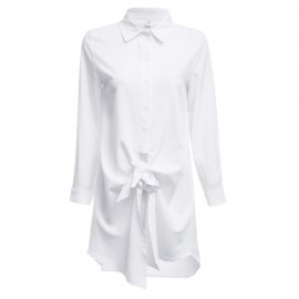 CASUAL TURN-DOWN COLLAR LONG SLEEVE BANDAGE DESIGN PURE COLOR BLOUSE (WHITE, SIZE S/M/L/XL