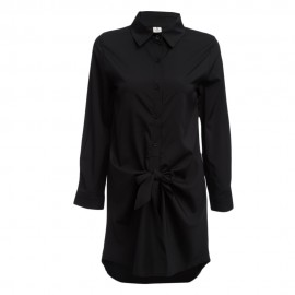 CASUAL TURN-DOWN COLLAR LONG SLEEVE BANDAGE DESIGN PURE COLOR BLOUSE (BLACK, SIZE S/M/L/XL