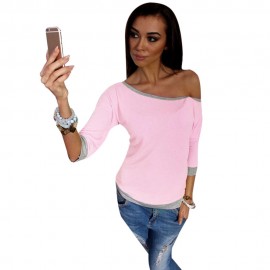 TRENDY ROUND COLLAR THREE QUARTER SLEEVE COLOR BLOCK SPLICED WOMEN BLOUSE (LIGHT PINK, SIZ