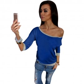 TRENDY ROUND COLLAR THREE QUARTER SLEEVE COLOR BLOCK SPLICED WOMEN BLOUSE (DEEP BLUE, SIZE