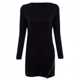 TRENDY ROUND NECK LONG SLEEVE ZIPPER DESIGN PURE COLOR SHEATHY BOTTOM WOMEN BLOUSE (BLACK,