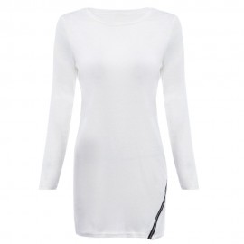 TRENDY ROUND NECK LONG SLEEVE ZIPPER DESIGN PURE COLOR SHEATHY BOTTOM WOMEN BLOUSE (WHITE,