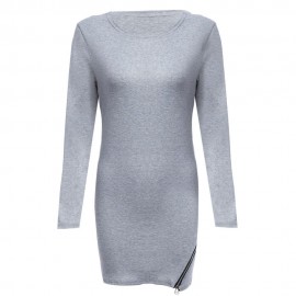 TRENDY ROUND NECK LONG SLEEVE ZIPPER DESIGN PURE COLOR SHEATHY BOTTOM WOMEN BLOUSE (LIGHT 