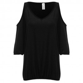 V-NECK CUT OUT THREE QUARTER SLEEVE LOOSE WOMEN BLOUSE (BLACK, SIZE S/M/L/XL)