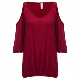 V-NECK CUT OUT THREE QUARTER SLEEVE LOOSE WOMEN BLOUSE (WINE RED, SIZE S/M/L/XL)