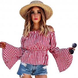 OFF THE SHOULDER STRAPLESS FLARE SLEEVE STRIPED WOMEN BLOUSE (RED, SIZE S/M/L/XL)