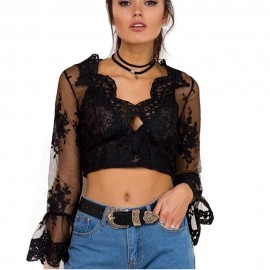 SEXY V-NECK FLARE SLEEVE SEE-THROUGH / TRANSPARENT / EMBROIDERY LACE CROP TOP  (BLACK, SIZ