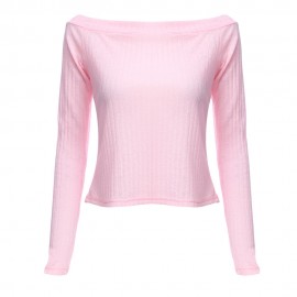 OFF THE SHOULDER RIB KNITTED LONG SLEEVE BLOUSE (PINK, SIZE S/M/L/XL)