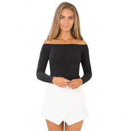 OFF THE SHOULDER RIB KNITTED LONG SLEEVE BLOUSE (BLACK, SIZE S/M/L/XL)