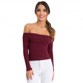 OFF THE SHOULDER RIB KNITTED LONG SLEEVE BLOUSE (CLARET, SIZE S/M/L/XL)