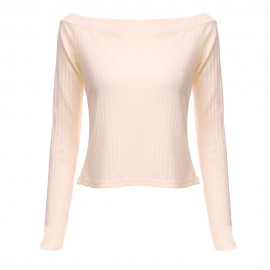 WOMEN'S OFF THE SHOULDER RIB KNITTED T-SHIRT (OFF-WHITE, SIZE S/M/L/XL)