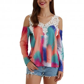 STYLISH V-NECK HOLLOW LACE SPLICED CUT OUT PRINT WOMEN T-SHIRT (COLORFUL, SIZE S/M/L/XL)