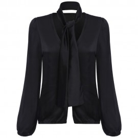WOMEN'S TRENDY PLUNGING NECK LANTERN SLEEVE WITH BELT (BLACK, SIZE S/M/L/XL)
