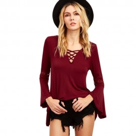 SEXY V-NECK CRISS-CROSS HOLLOW EMBROIDERY FLARE SLEEVE BLOUSE (WINE RED, SIZE M/L/XL)