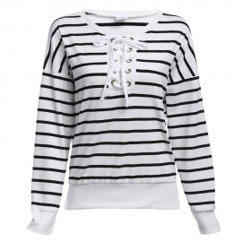 CASUAL CRISS-CROSS LONG SLEEVE STRIPED BLOUSE (WHITE, SIZE S/M/L/XL)