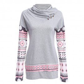WOMEN'S LONG SLEEVE PRINT SPLICED BLOUSE (LIGHT GRAY, SIZE S/M/L/XL)