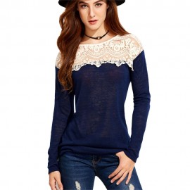 WOMEN'S STYLISH LONG SLEEVE LACE SPLICED SHEATH BLOUSE (PURPLISH BLUE, SIZE S/M/L/XL)