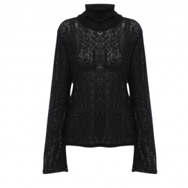WOMEN'S TURTLENECK FLARE SLEEVE CRISS-CROSS KNITTED BLOUSE (BLACK, SIZE S/M/L/XL)