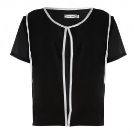 WOMEN STYLISH CHIFFON SHIRT ROUND NECK STITCHING TOP (BLACK, SIZE S/M/L/XL)