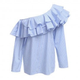 TRENDY LONG SLEEVE ONE SHOULDER RUFFLES STRIPE WOMEN T-SHIRT (BLUE AND WHITE, SIZE S/M/L)