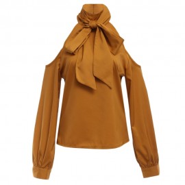 FASHIONABLE LONG SLEEVE STAND COLLAR BOWTIE WOMEN SHIRT (YELLOW, SIZE S/M/L/XL)